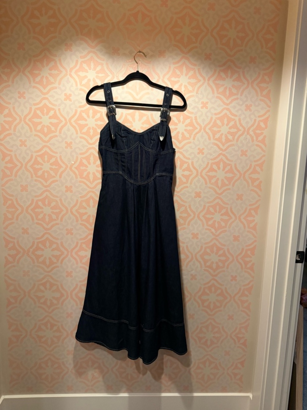 Listicle Navy Denim Midi Dress with Adjustable Buckle Straps